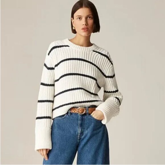 J.CREW Heritage Cotton Fisherman Crewneck Sweater in Stripe XXL Thick Knit NWT - Picture 1 of 12